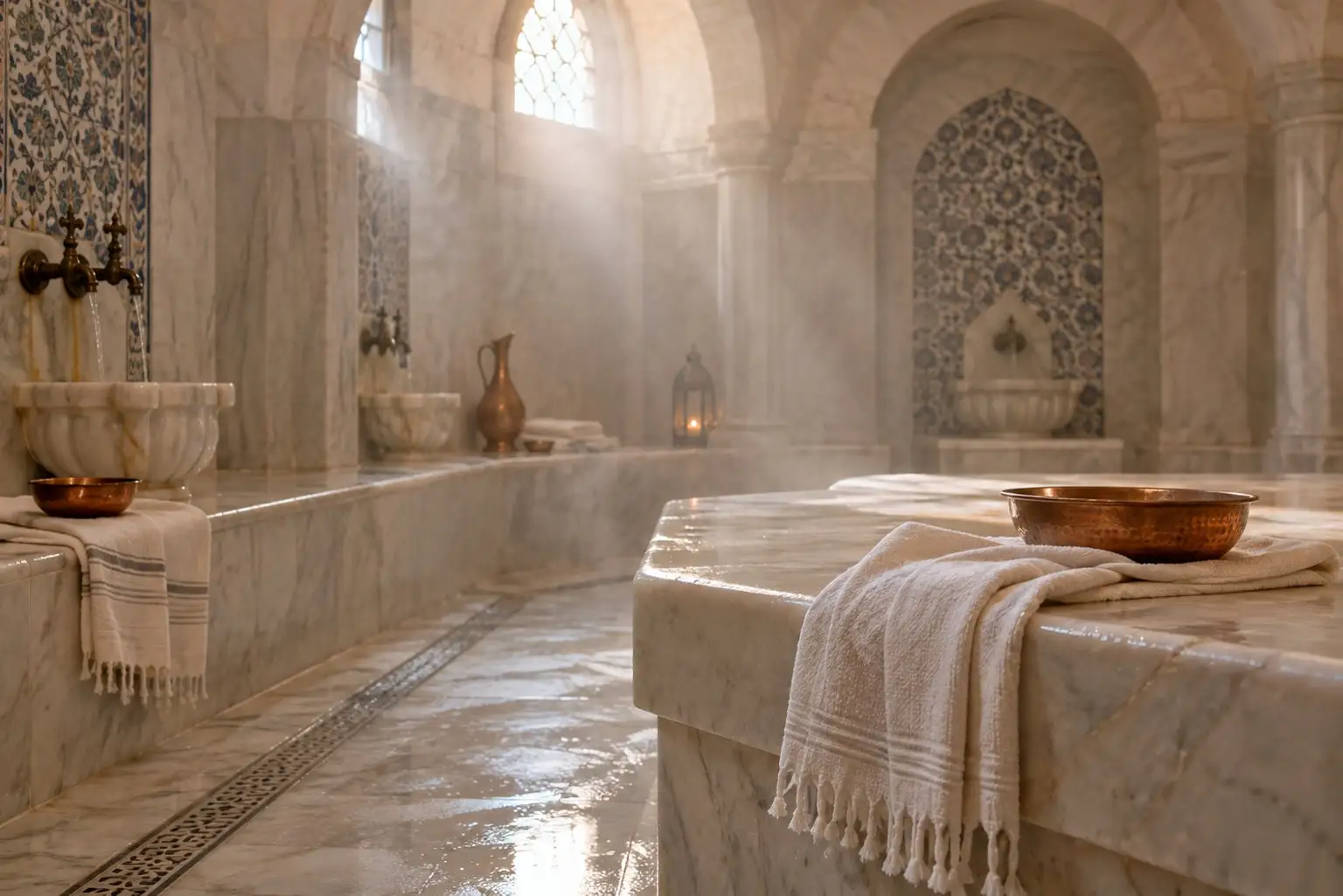 Salle de hammam en marbre avec vapeur d'eau, bancs en pierre et lumière tamisée, ambiance apaisante